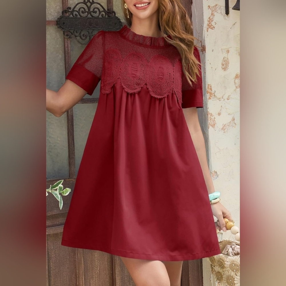 Burgundy Lace Babydoll Mini Dress | Boho Cottagecore | Size L - Picture 3 of 6